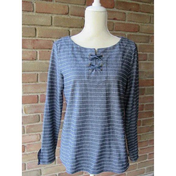Talbots Striped Knit Top Criss Cross Detail Women's Medium Casual Ruffle Cuff - Picture 13 of 13